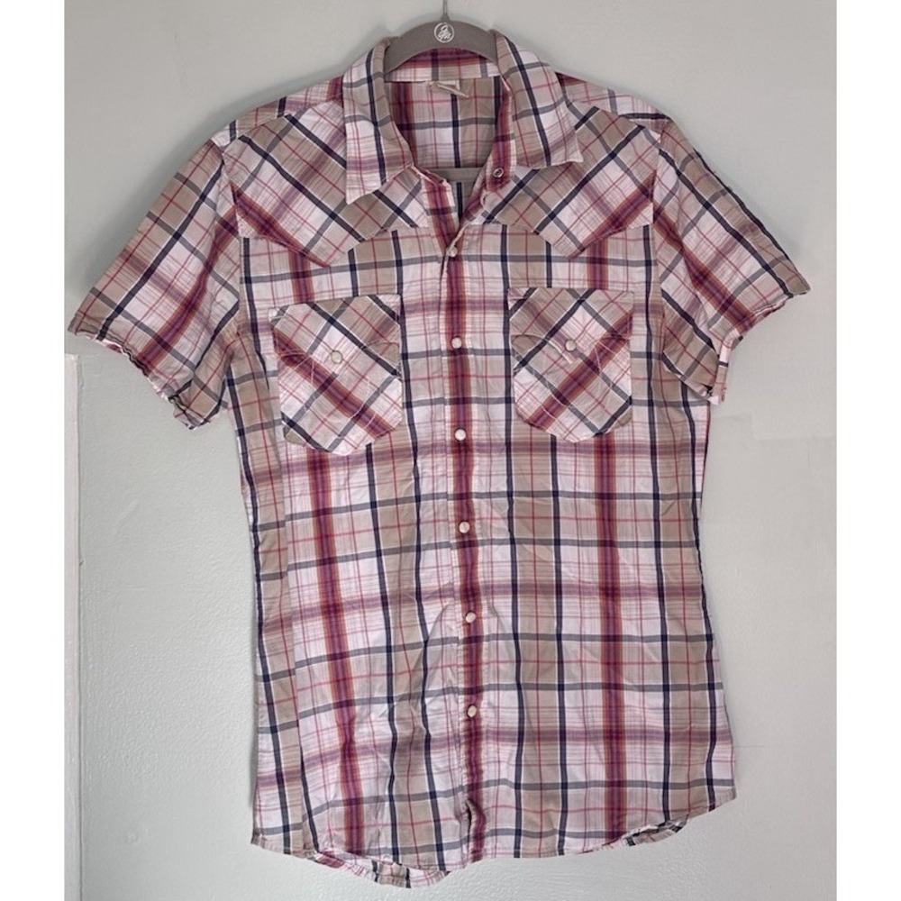 True Religion Shirt Men's Size Large Blue Plaid Pearl Snap Western Short Sleeves